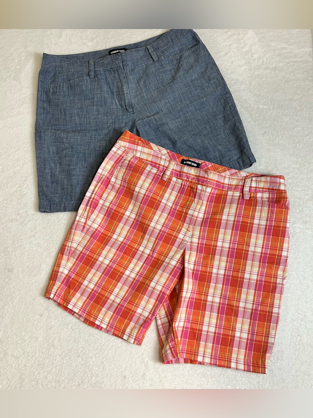 Lands End Women's Shorts Size 14P Blue Orange Mid Rise Chino Bermuda Lot Of 2